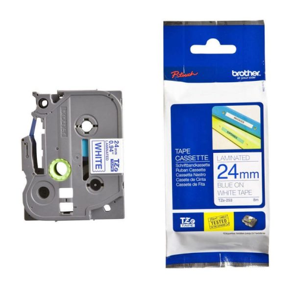 Brother TZe-253 Labelling Tape Cassette – Blue on White, 24mm wide - Image 1