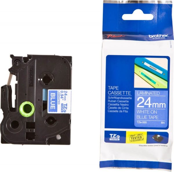 Brother TZe-555 Labelling Tape Cassette – White On Blue, 24mm wide - Image 1