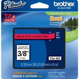 Brother TZe-421 Labelling Tape Cassette – Black on Red, 9mm wide