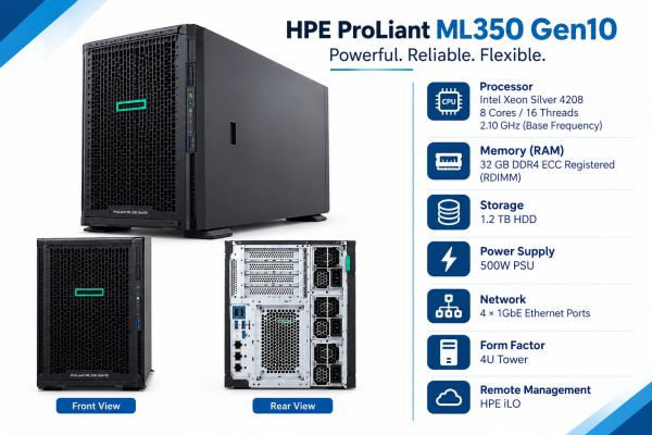 HP ML 350 G10 INTEL XEON4208 8 CORE 2.10 GHZ 32GB RAM/1.2 TB HDD, 500W PSU - Image 2
